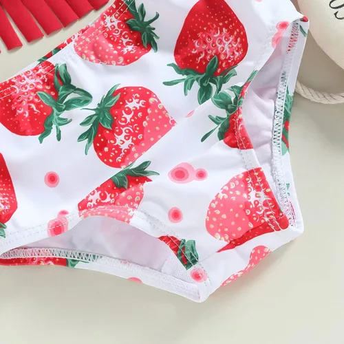 Vista 5 de Yccutest Traje de baño de flores para bebé, 3 piezas, parte superior triangular, parte inferior con volantes, sombrero para el sol, conjunto