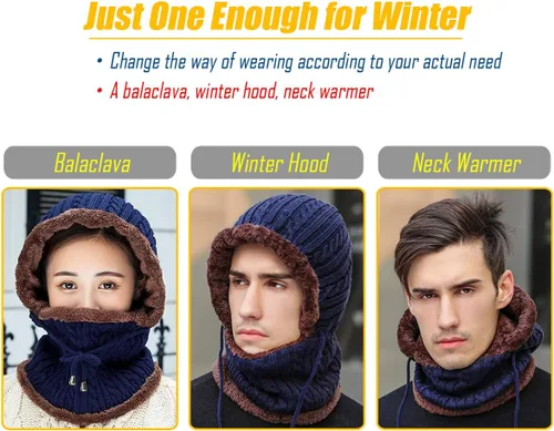 Vista 6 de Gisdanchz Pasamontañas para hombre y mujer, de punto cálido, con capucha, elástico, con cordón, gorro grueso