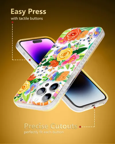 Vista 7 de SCORPIFY Funda para iPhone 14 Pro Max con diseño floral de rosas perforadas en el corazón rojo, bonita funda transparente para teléfono para mujeres