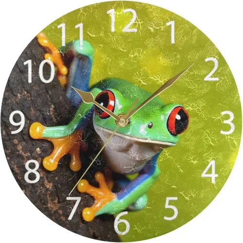 Vista 5 de Reloj de pared redondo con diseño de rana de árbol de ojos rojos, pintura al óleo silenciosa sin tictac, decorativo para el hogar, oficina, escuela