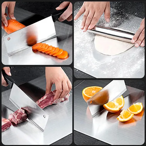 Vista 6 de Tablas de cortar de acero inoxidable para cocina, tabla de cortar de doble cara resistente con asa, tabla de cortar de metal grueso (11.4 x 7.9 in)