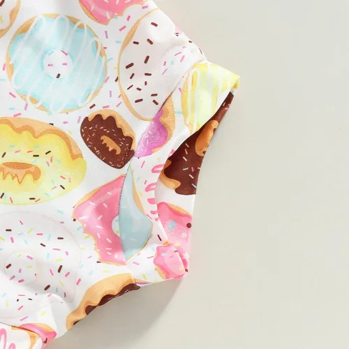 Vista 5 de Conjunto de ropa de verano de 3 piezas para bebé recién nacido, de manga corta, con estampado de donas, pantalones cortos