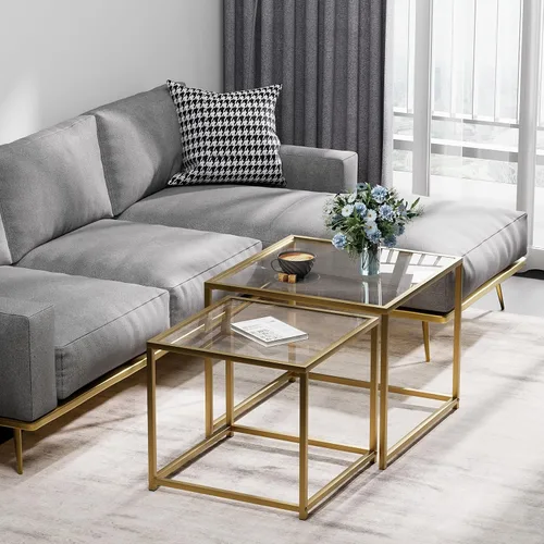 Vista 5 de Mesa de centro de cristal moderna para sala de estar, juego de 2 mesas anidables minimalistas para sala de estar, tapa de vidrio templado con marco