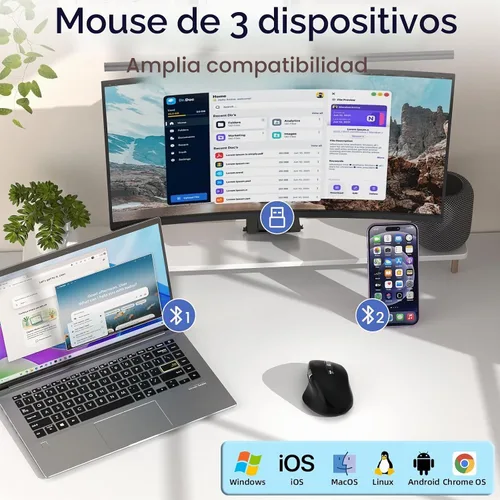 Vista 3 de INFINMIND Ratón inalámbrico Bluetooth con desplazamiento lateral y multidispositivo, ratones de computadora ergonómicos con desplazamiento