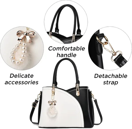 Vista 6 de I IHAYNER Bolsos de mano de cuero para mujer con asa superior, bolso de hombro grande con pompón