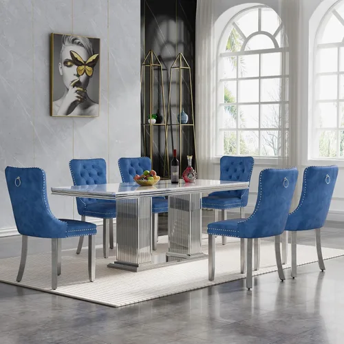 Vista 65 de Juego de mesa de comedor de 5 piezas para 4, mesa de cocina de mármol negro de 68 pulgadas con 4 sillas beige, mesa de comedor rectangular moderna