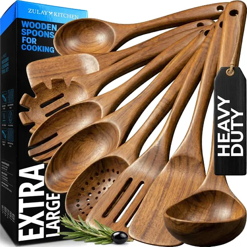 Vista 10 de Zulay Kitchen Juego de 6 cucharas de madera para cocinar, juego de utensilios de madera de teca natural, fácil de limpiar, duradero, suave