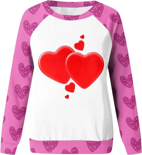 Vista 2 de Sudaderas para el día de San Valentín para mujer, blusas de cuello redondo, casuales, sin botones, estampado de corazón, camisas de manga larga