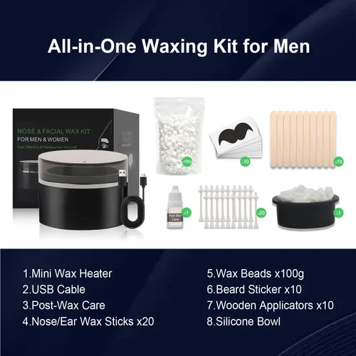 Vista 9 de WaxFans Kit de cera de nariz, kit de cera para nariz, orejas y cejas de hombre, mini olla de cera con cuentas de cera de 3.53 oz y 20 varillas