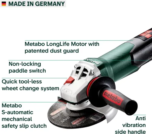 Vista 3 de Metabo amoladora angular de 6 pulgadas, 10,000 RPM, 12 amperios, interruptor de paleta sin bloqueo, fabricada en Alemania, WP 13-150 Quick