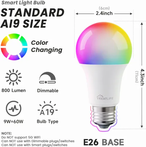 Vista 2 de TREATLIFE Bombillas inteligentes, bombilla LED inteligente A19 con certificación UL, WiFi Bluetooth que cambia de color, bombilla inteligente LED