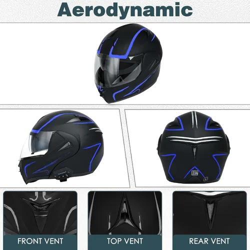 Vista 5 de Casco modular Bluetooth para motocicleta, aprobado por DOT, doble visera, abatible, de cara completa, con Bluetooth, casco de motocicleta integrado