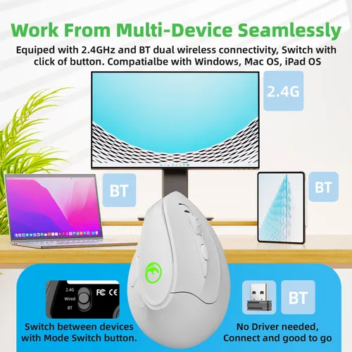 Vista 3 de Ratón ergonómico vertical inalámbrico recargable RGB de 2.4G y BT 5.1, 5 botones laterales, máximo 8400 DPI, para PC, portátil, para Windows 11 10