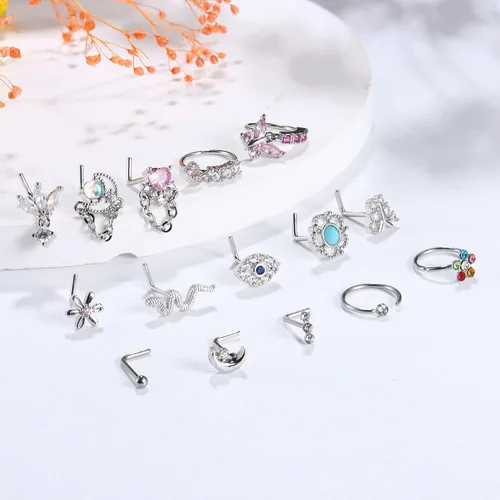 Vista 3 de Sanfenly 16 anillos de nariz colgantes de 20 G, en forma de L, para mujeres y hombres, de acero inoxidable colgante, corazón, mariposa, luna