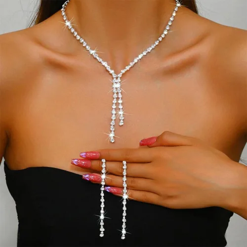 Vista 7 de Unicra Conjuntos de joyas de plata para baile de graduación, collar y aretes de diamantes de imitación, joyería nupcial de boda para mujeres y novias