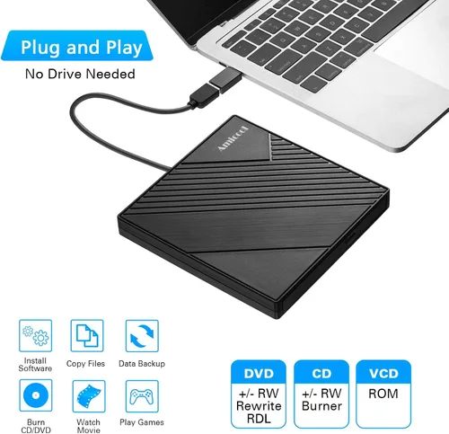 Vista 2 de Amicool - Unidad externa de DVD USB 3.0, USB C, grabadora de CD/DVD +/-RW, unidad óptica, reproductor de DVD portátil delgado, lector de reescritor