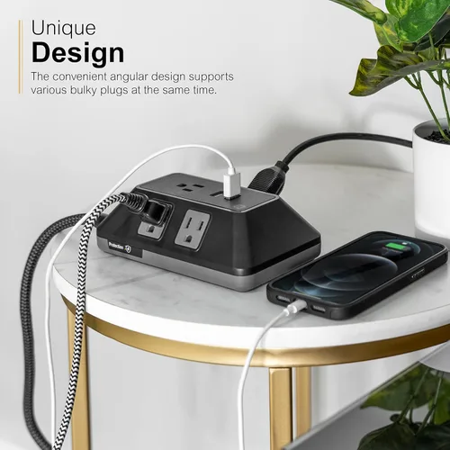 Vista 5 de GE UltraPro Adapt protector de sobretensiones de 5 tomas con puertos USB, 2 puertos USB-A, 2.4A, cable trenzado de 3 pies, regleta de alimentación