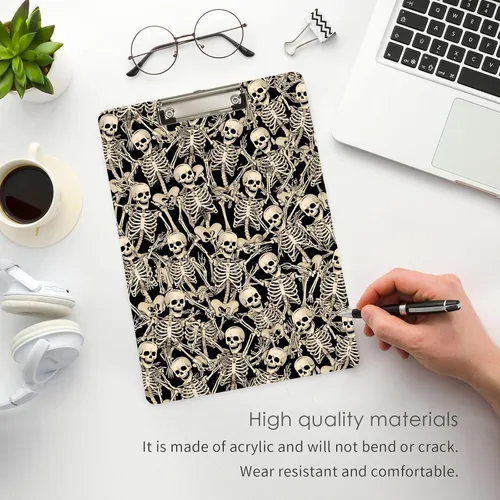 Vista 4 de ALAZA Fun Skeletons - Portapapeles de acrílico tamaño carta A4 con clip de perfil bajo para oficina en casa, hombres y mujeres, clip de color dorado