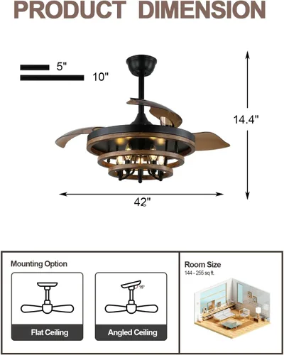 Vista 6 de Ventilador de techo retráctil de 42 pulgadas con ventilador de techo rústico de granja marrón (Brown-1)