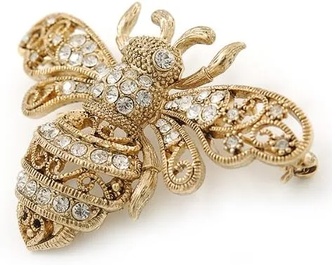 Vista 3 de Grande Bañado en Oro, vidrio Swarovski "Abeja broche de filigrana70mm ancho