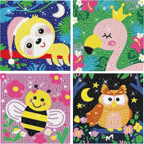 Vista 8 de Paquete de 4 kits de arte de diamantes para niños y adultos principiantes, kits de pintura de diamantes de dibujos animados 5D para niños, kits
