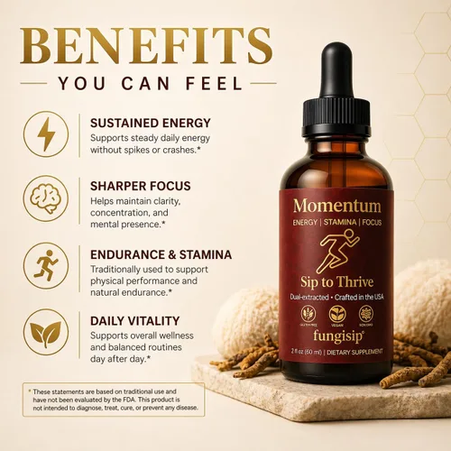 Vista 3 de Momentum Cordyceps & Lion's Mane - Gotas de tintura de hongos - Extracto líquido Energy & Focus - Ingredientes orgánicos - 2 onzas