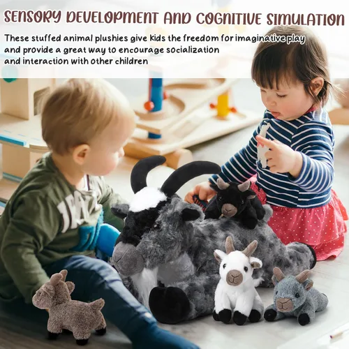 Vista 5 de HyDren Juego de 5 piezas de peluche de cabra de 18 pulgadas, peluche de cabra con 4 peluches de bebés en su barriga, almohada de felpa suave de Gris