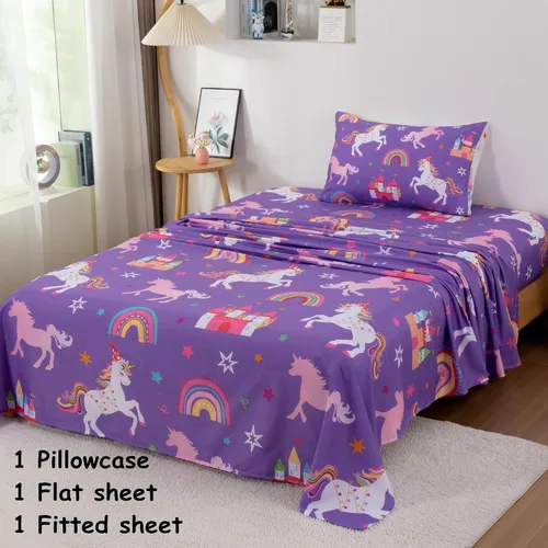 Vista 2 de Juego de sábanas de 3 piezas para niñas, tamaño individual, diseño de castillo y estrella arcoíris, unicornio, para niños y adolescentes, divertido