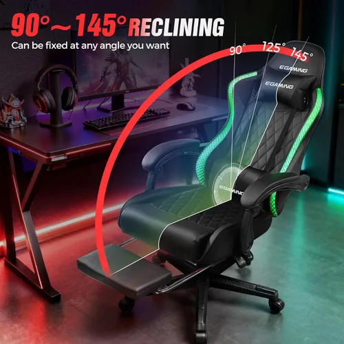 Vista 5 de EXRACING Silla de juegos con reposapiés ergonómica de cuero sintético con respaldo alto y luces LED RGB, reposabrazos de enlace y reposacabezas