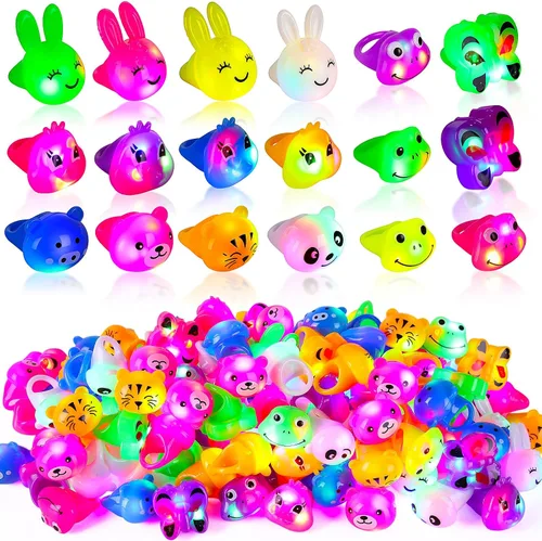 Vista 9 de Leyndo Paquete de 24 anillos con luz LED, recuerdos de fiesta, suministros de fiesta que brillan en la oscuridad, coloridos juguetes de goma