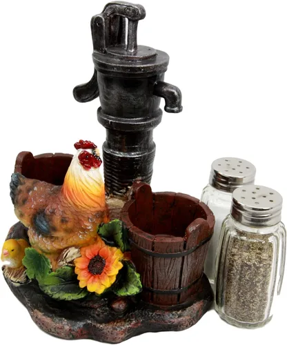 Vista 5 de Ebros Country Animal Farm Pollo gallina con pollitos por riego, barriles de bomba y girasoles, salero y pimentero, figura como cocina, comedor
