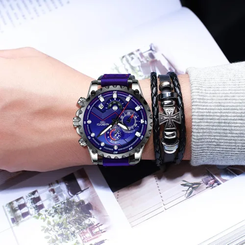 Vista 4 de LEYAN Reloj de cuero para hombre, reloj de cuarzo automático para hombre, resistente al agua