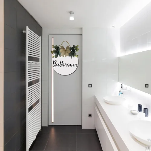 Vista 2 de Letrero de baño para puerta frontal para decoración de pared, letrero hecho a mano con el texto en inglés "Bathroom", letrero de madera
