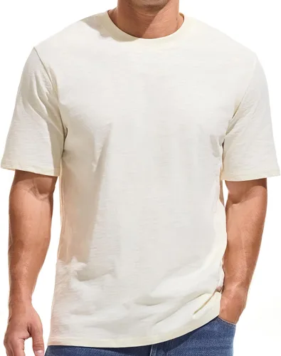 Vista 23 de KLIEGOU - Camiseta de cuello redondo para hombre, 100 % algodón, ajuste holgado, gruesa, de peso pesado