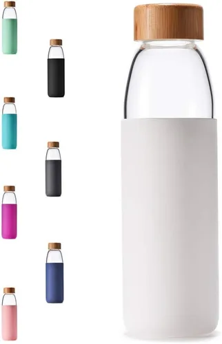 Vista 17 de Botellas de agua de vidrio de borosilicato de 18 onzas con tapa de bambú, sin BPA, funda de silicona antideslizante y tapa a prueba de fugas de Negro