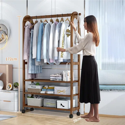 Vista 6 de Bamboo Clothes Rack with Wheels,Garment Rack,Multifunctional Entryway Clothing Storage,Hanging Rod for Small Spaces,with Shoe Storage Shelf and