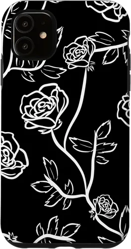 Vista 5 de iPhone 14 Rose Bush Pétalos de rosa Hojas de espina Funda blanca y negra
