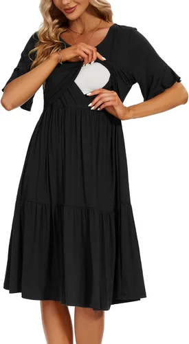 Vista 11 de Smallshow Vestido para maternidad y lactancia con volantes, manga corta, para mujer Verde militar