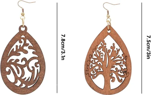 Vista 6 de Wovanoo Aretes de madera para mujer, aretes colgantes de gota de agua de madera natural