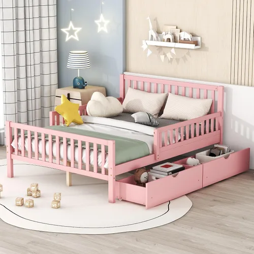 Vista 27 de VilroCaz Cama de plataforma de tamaño individual con barandilla y cabecera multifuncional, base de cama de plataforma de madera con 2 cajones