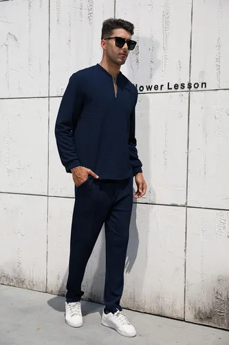 Vista 13 de FZNHQL Conjunto deportivo de moda para hombre, 2 piezas, casual, atlético, para correr, manga corta/larga, conjunto para hombre