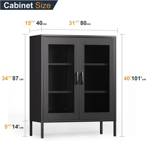 Vista 3 de COFaR Armario de almacenamiento de metal con puertas de malla, armario de metal negro con estantes, soporte corto de TV para barra de café, aparador
