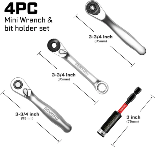 Vista 2 de GEINXURN Juego de 4 Mini Llaves de Trinquete y Soporte para Brocas, Llave de Mango de Trinquete de Accionamiento de 1/4", Llave de Vaso Reversible