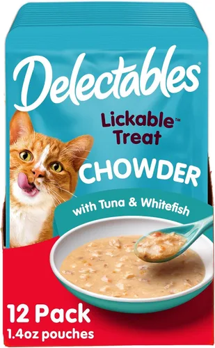 Vista 13 de Hartz Delectables Chowder - Golosinas húmedas para lamer para gatitos, gatos adultos y adultos mayores, pollo y atún, 1.4 onzas (paquete de 12)