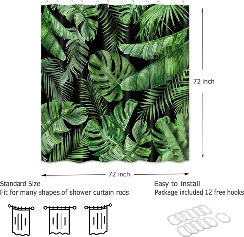 Vista 4 de Cortina de Ducha de Hojas Tropicales, Cortina de Baño Decorativa Verde y Negra con Hojas de Palmera y Plátano, Juegos de Cortinas de Ducha de Tela