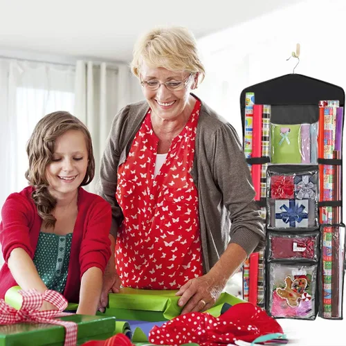 Vista 8 de ProPik Organizador de Almacenamiento de Papel de Regalo Colgante de Doble Cara con Múltiples Bolsillos Organiza tu Papel de Regalo, Bolsas
