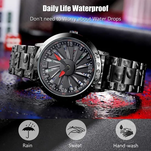 Vista 4 de RORIOS Relojes creativos para hombre, reloj analógico de cuarzo con correa de acero inoxidable, reloj giratorio de rueda de automóvil 3D, relojes
