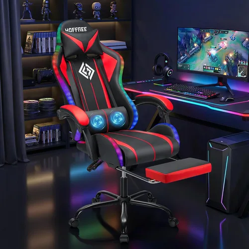 Vista 2 de HOFFREE LED Gaming Chair with Massage RGB Lights Computer Game Chair-Red Rojo + negro