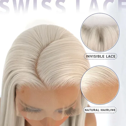 Vista 3 de Pelucas de encaje frontal rubio platino de 13 x 4, cabello largo y lacio, peluca blanca sintética con encaje frontal para mujeres, cabello Kanekalon