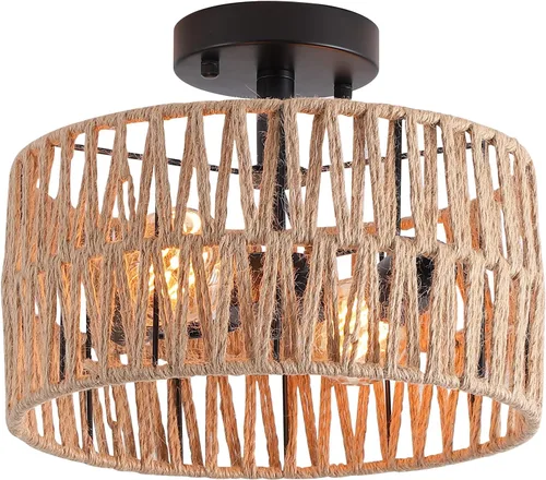 Vista 10 de Accesorio de Lámpara de Techo Empotrada Tejida en Oro Antiguo Costero, Luz de Techo Semi Empotrada Rústica Boho de Cuerda de Cáñamo Latón